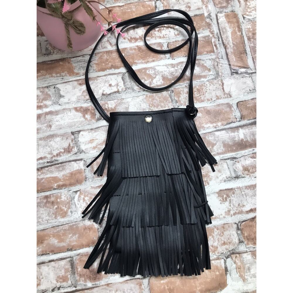 Fringe Crossbody Bag Purse Boho Hippie Faux Leather Black Small Western 8"X5"X1"